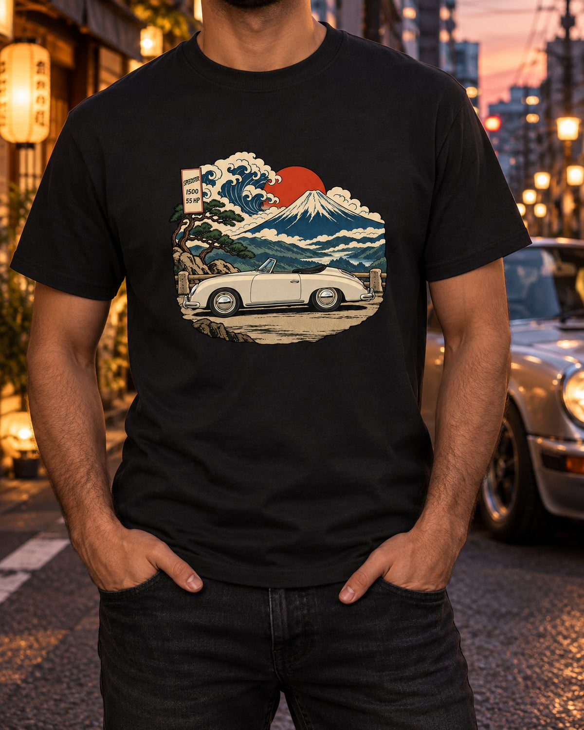 Porsche 356 Speedster Mountain Pass Woodblock Print Tee T-Shirt Black worn hero