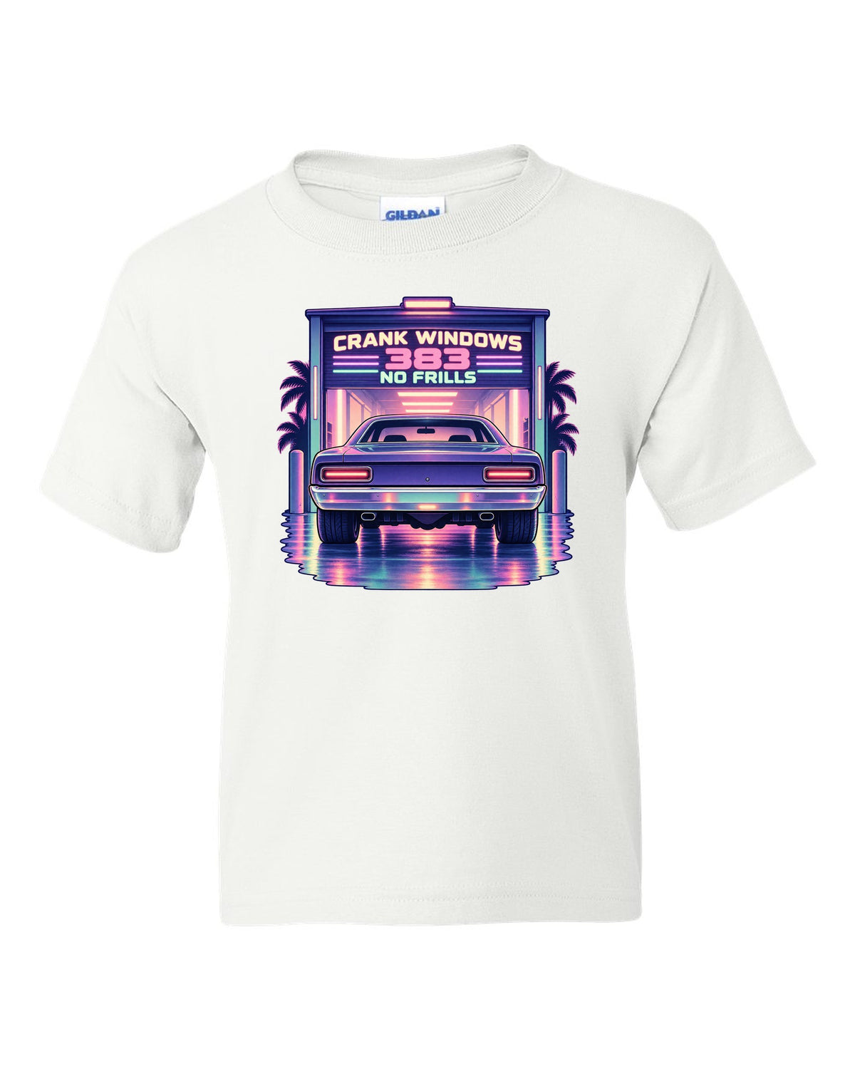 Vaporwave pastel night garage with a 1970 Plymouth Road Runner and 383 no frills lettering white kids tee front view with the design