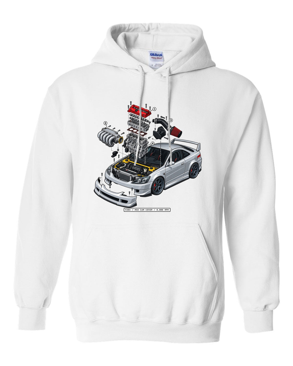 Exploded K20A engine diagram print of a 2002 Honda Integra DC5 ch with red cam cover text white pull over hoodie front view with the design