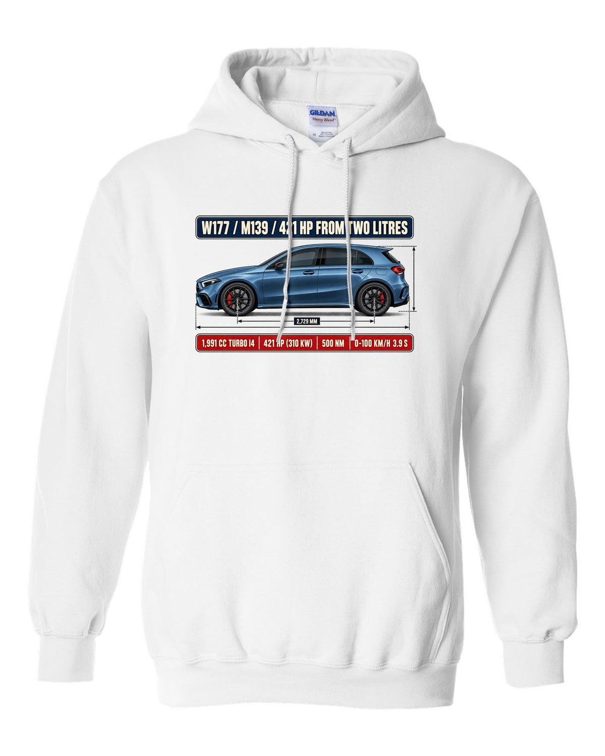 Mercedes-AMG A45 S W177 chback dimension blueprint print white pull over hoodie front view with the design