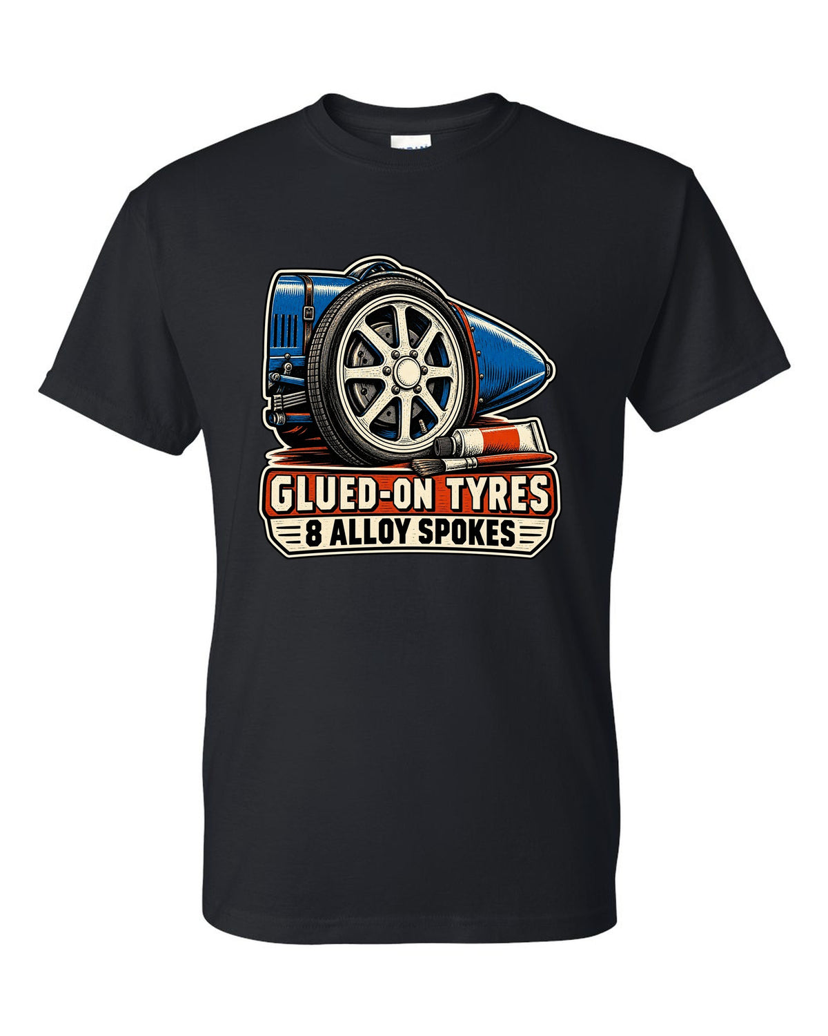 Linocut style print of a Bugatti Type 35 eight-spoke alloy wheel with glued-on tyres lettering black t-shirt front view with the design