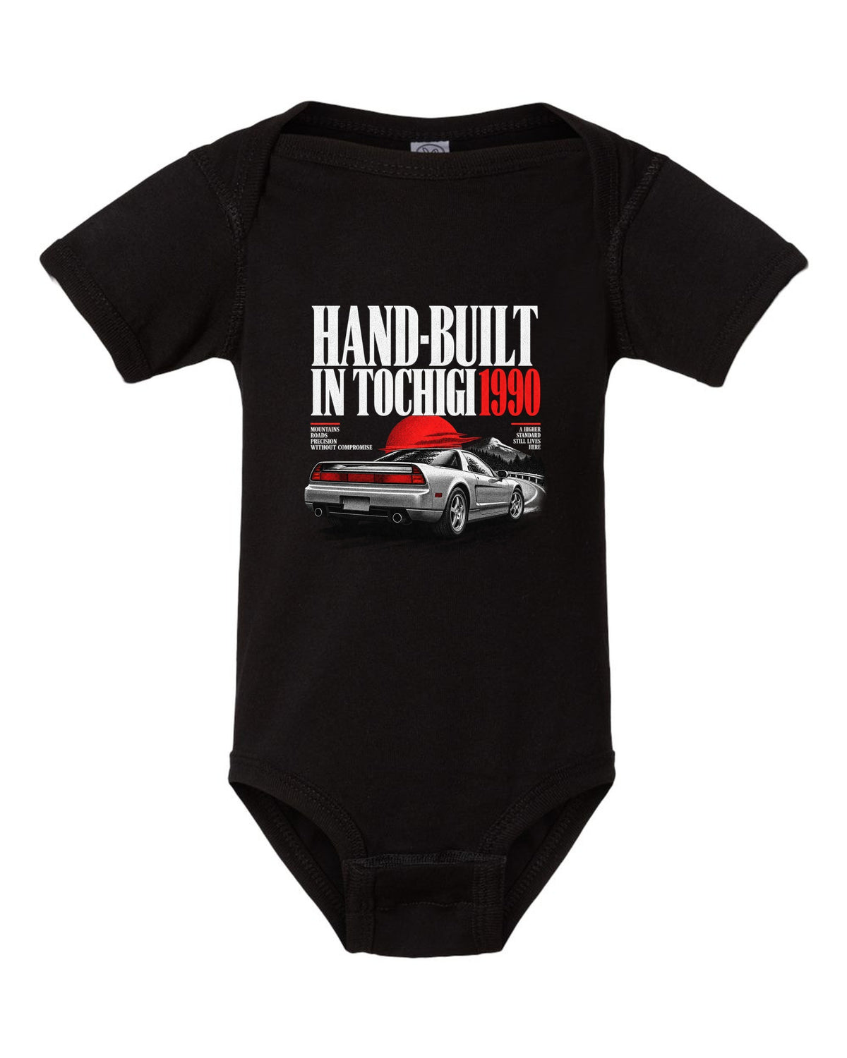 Honda NSX NA1 editorial headline design with hand-built in Tochigi 1990 text black baby onesie front view with the design