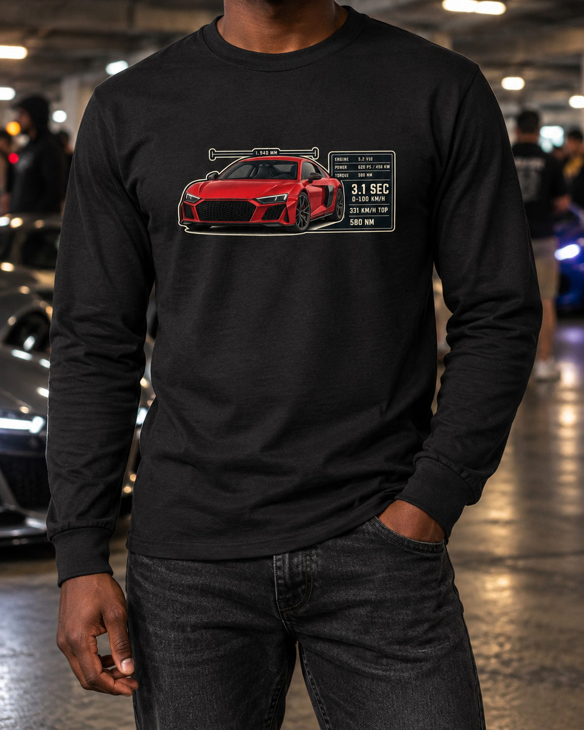 Audi R8 V10 Performance Spec Poster Tee, 331 km/h Top Speed Long Sleeve Black worn hero