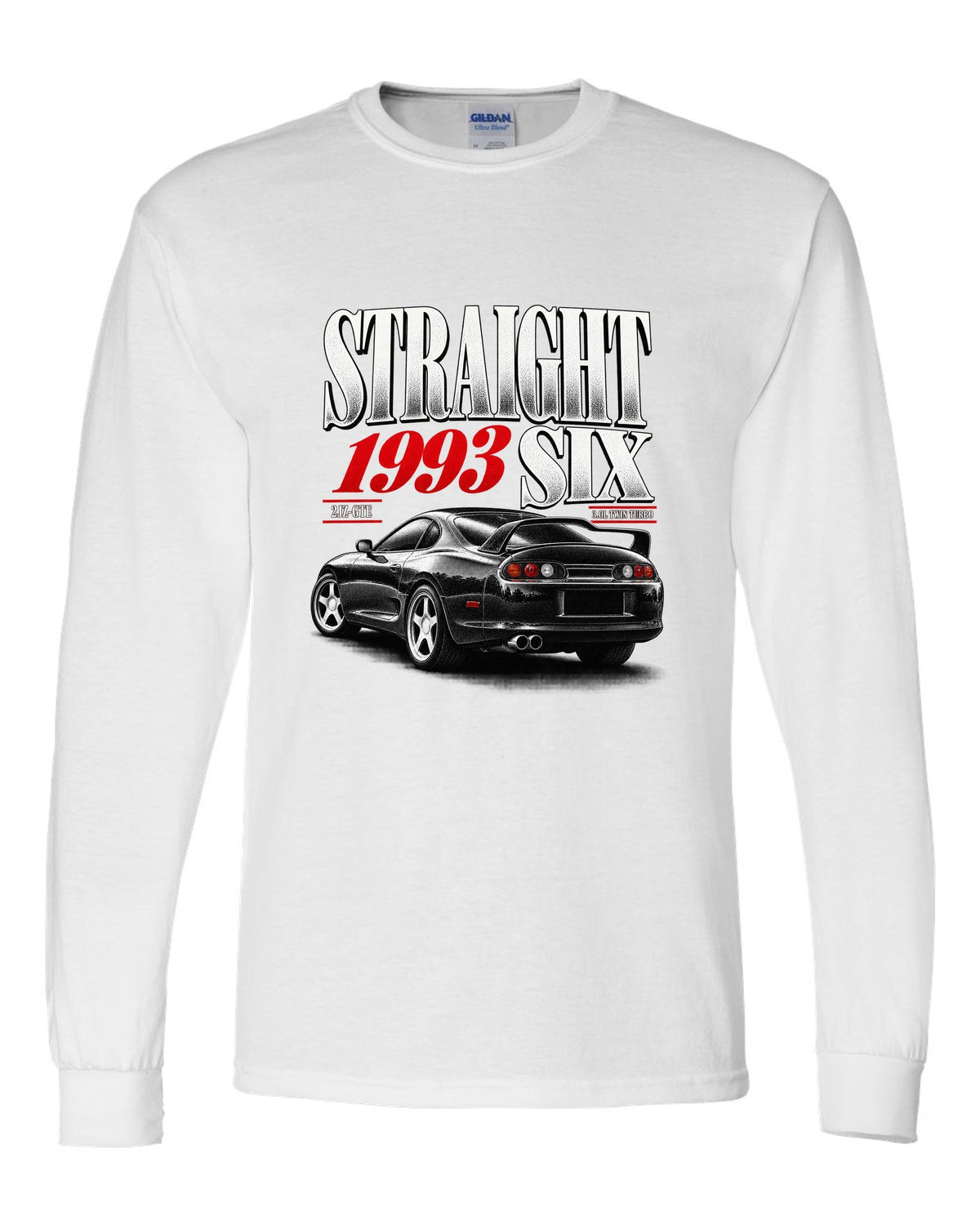 print of a Toyota Supra A80 JZA80 with straight six editorial headline and 2JZ-GTE twin turbo text white long sleeve front view with the design