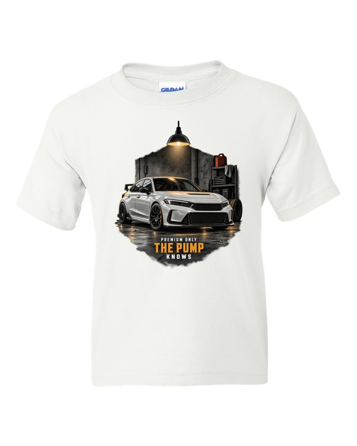 Honda Civic FL5 chback garage night design with premium only 98 octane text white kids tee front view with the design