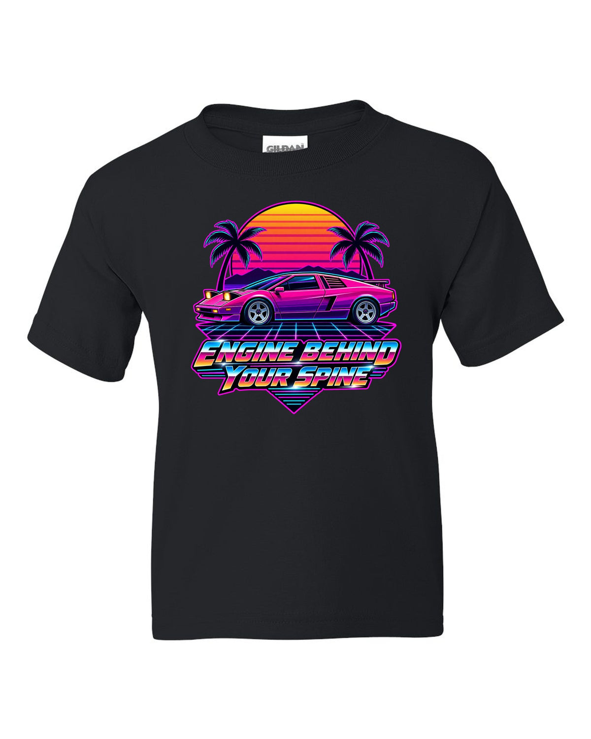 Synthwave sunset grid with a Toyota MR2 AW11 driving toward the horizon black kids tee front view with the design
