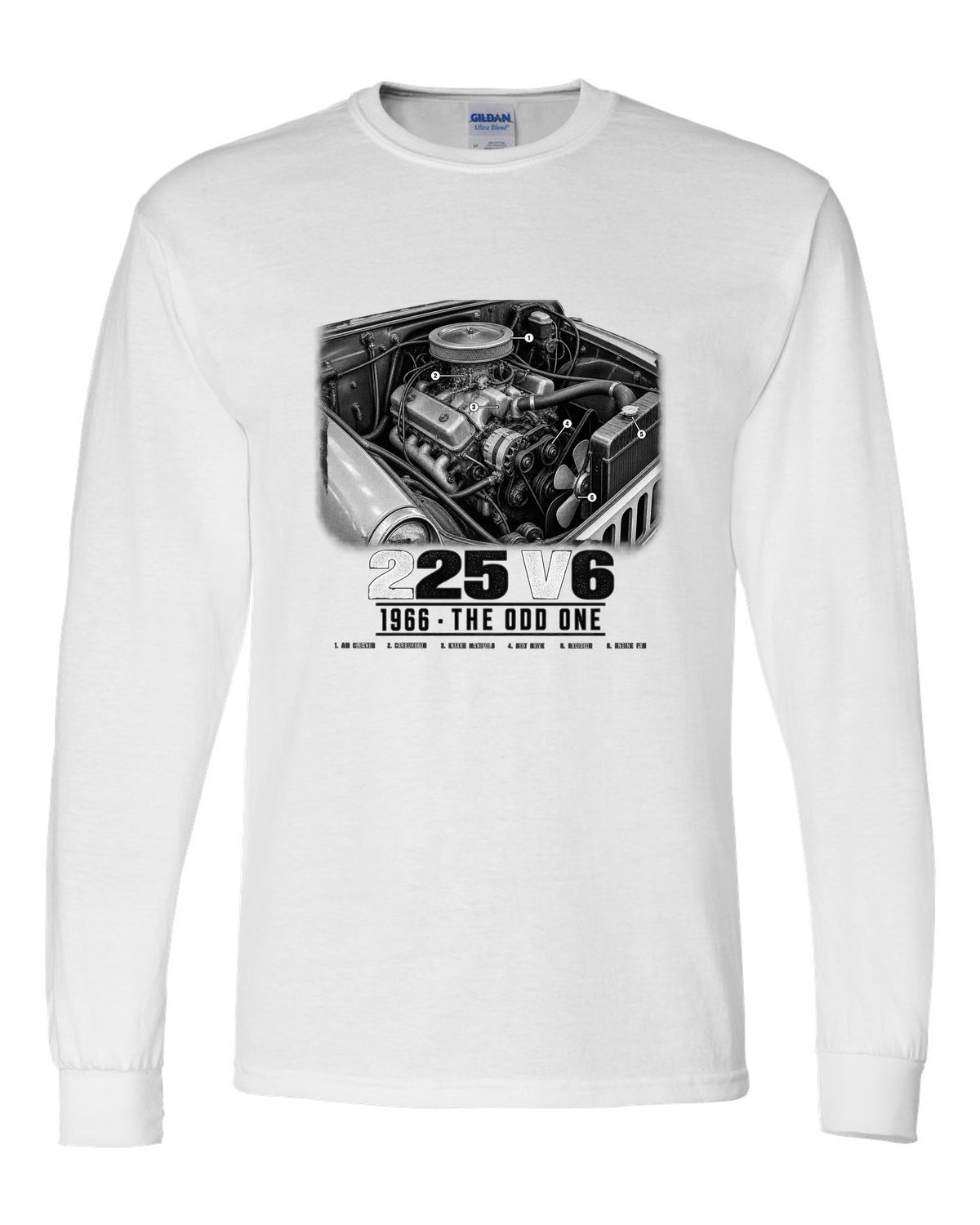 Engine hero print for the Jeep CJ-5 225 V6, 1966 white long sleeve front view with the design
