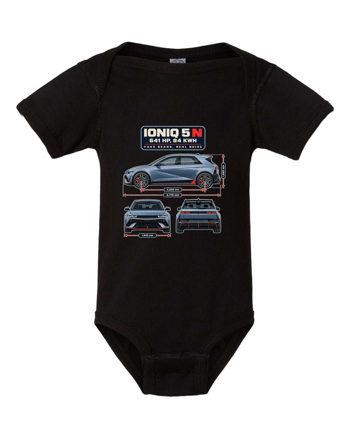 Hyundai Ioniq 5 N dimension blueprint print on a shirt black baby onesie front view with the design