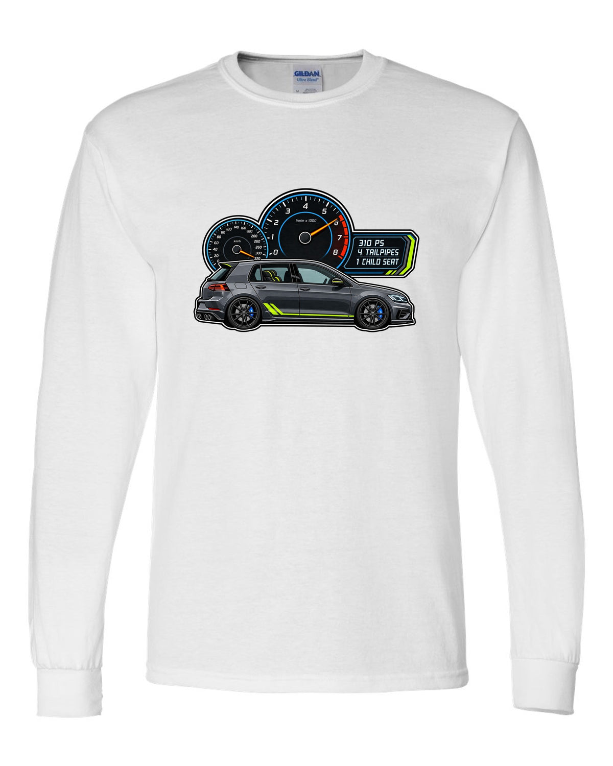 Gauge cluster style print for a VW Golf R Mk7.5 showing 310 PS 4 tailpipes 1 child seat white long sleeve front view with the design