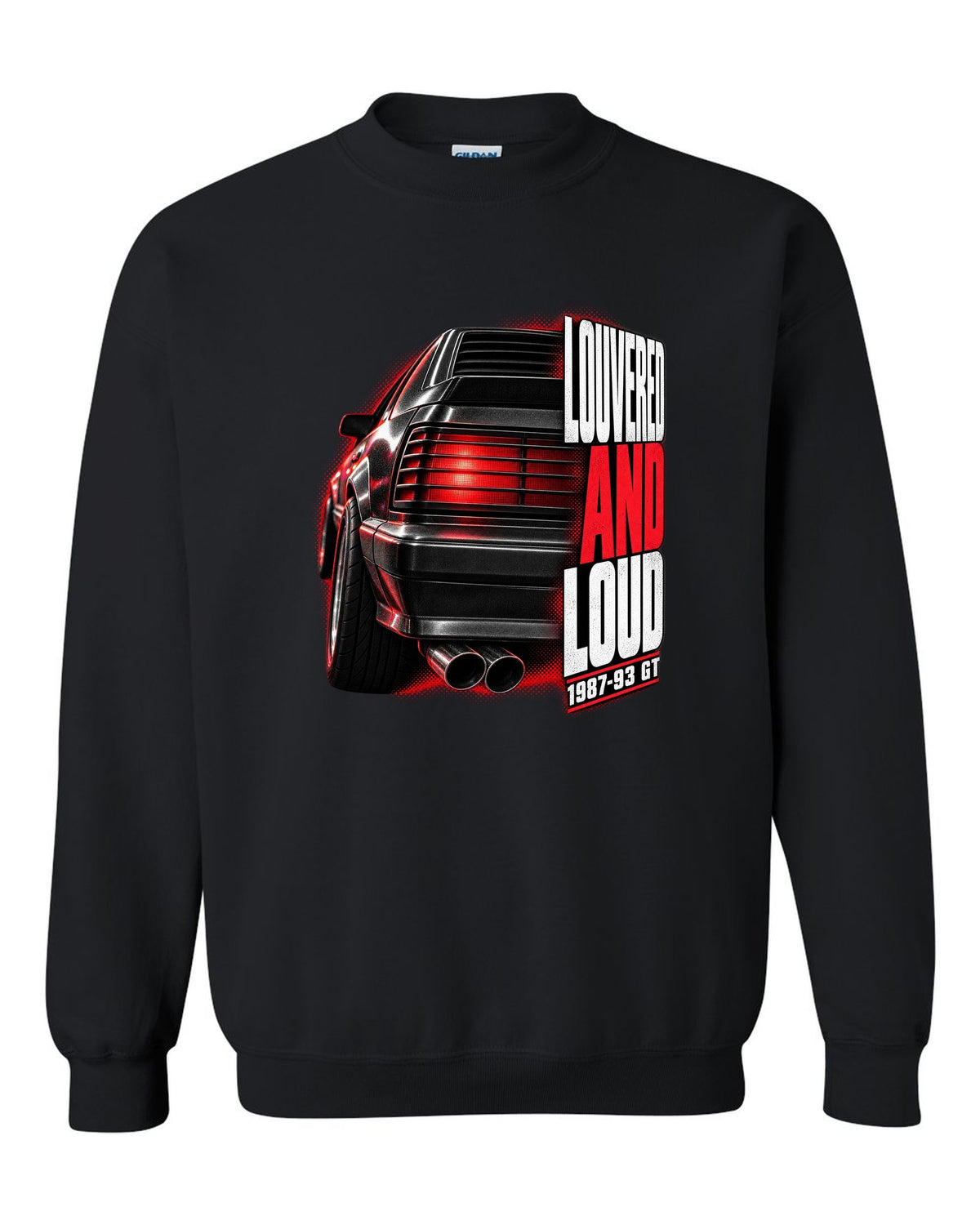 Macro print of a Ford Mustang Fox Body GT louvered taillight, 1987-93 black crewneck front view with the design
