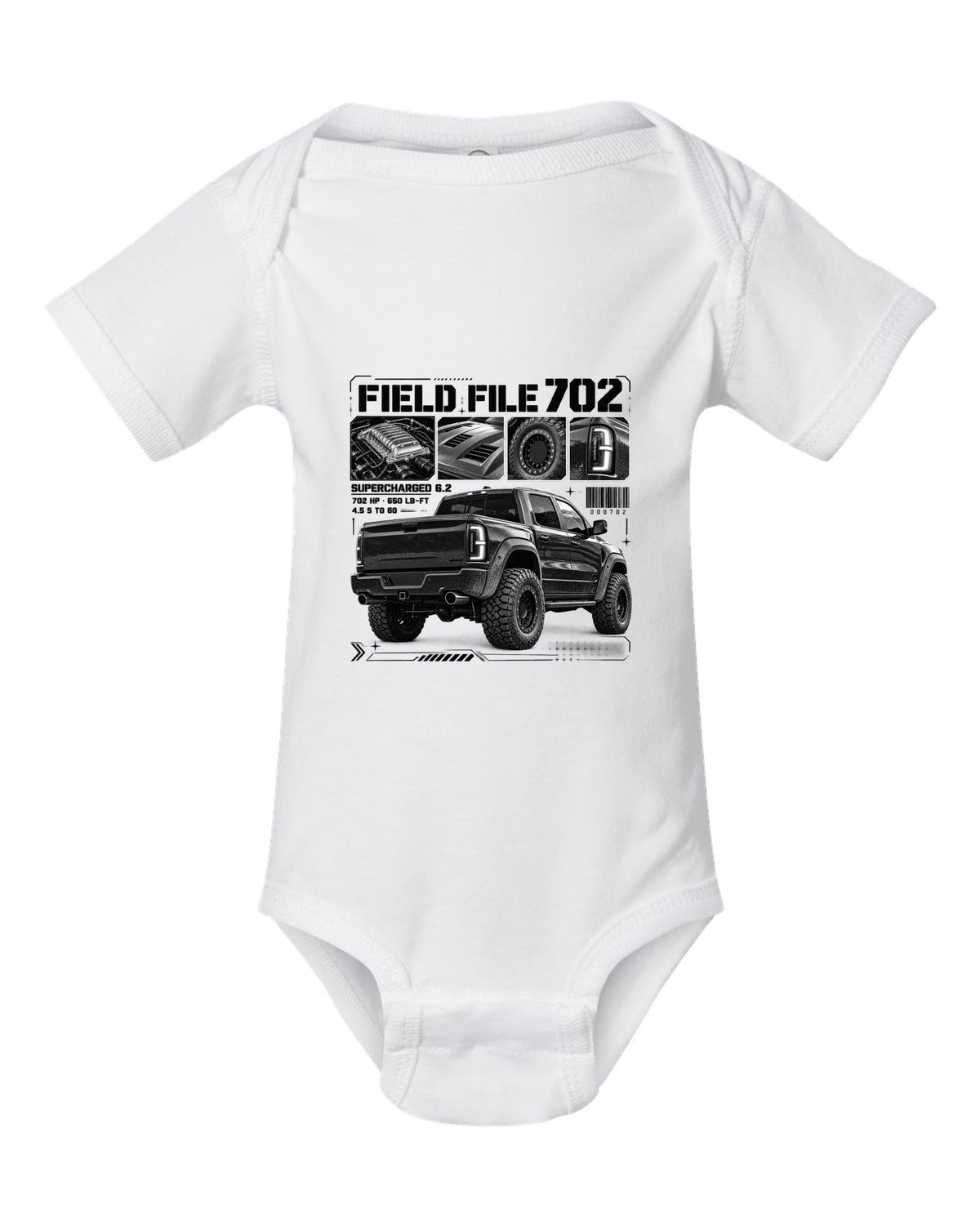 Dossier panels of a 2021-2024 Ram 1500 TRX with Field File 702, supercharged 6.2, 4.5 s to 60 white baby onesie front view with the design