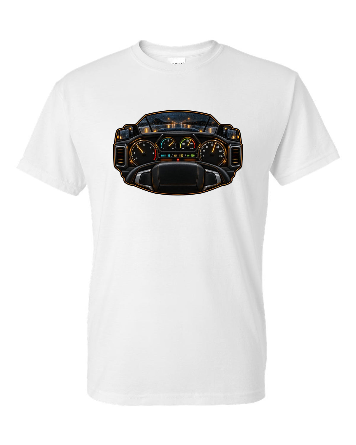 Night gauge-cluster HUD print of a 2019-2024 Ram HD 6.7 HO showing boost 32 EGT 1150 HO 400 white t-shirt front view with the design