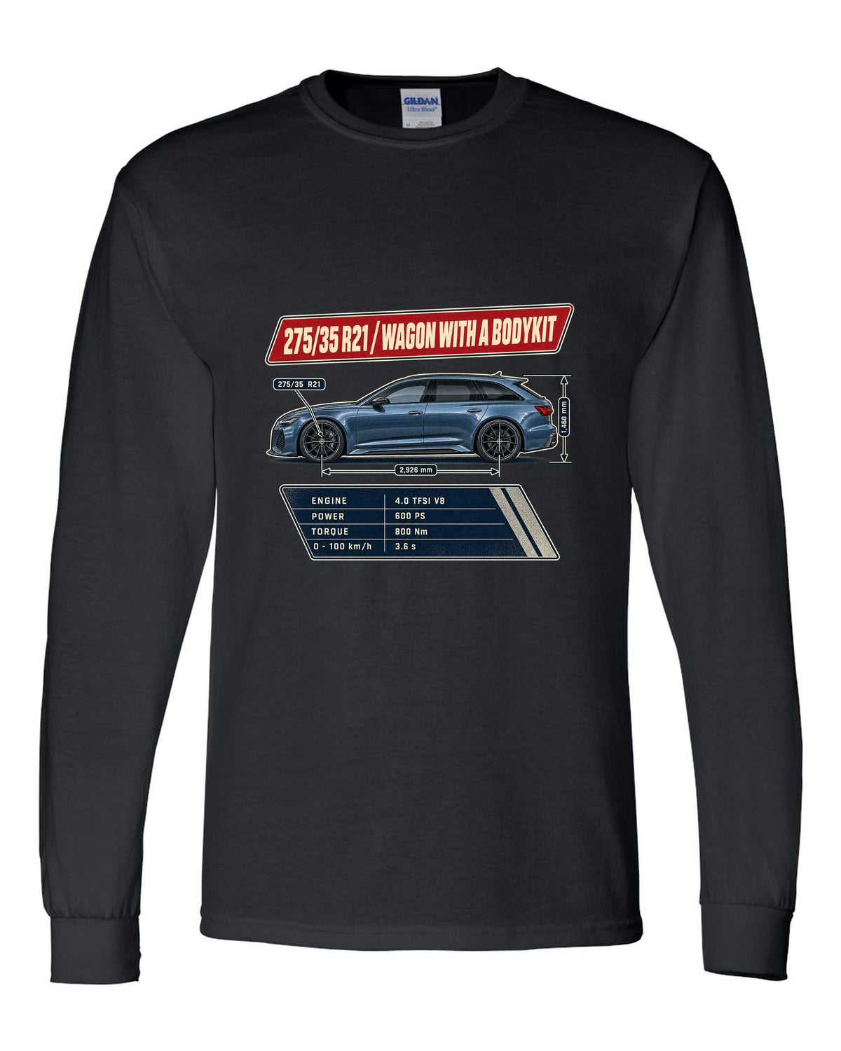 Spec poster for the Audi RS6 Avant C8 listing 275/35 R21 tyres black long sleeve front view with the design
