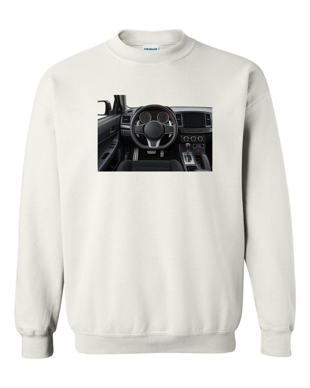 Mitsubishi Lancer Evolution X driver view cockpit and gauges print white crewneck front view with the design