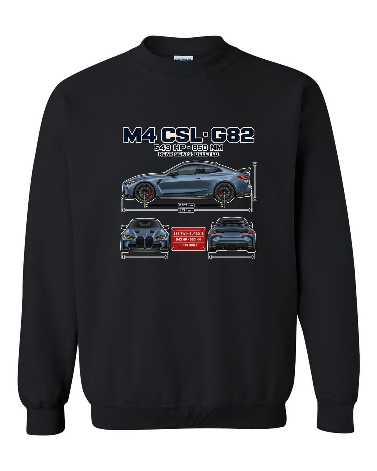 BMW M4 CSL G82 three-view spec table print black crewneck front view with the design