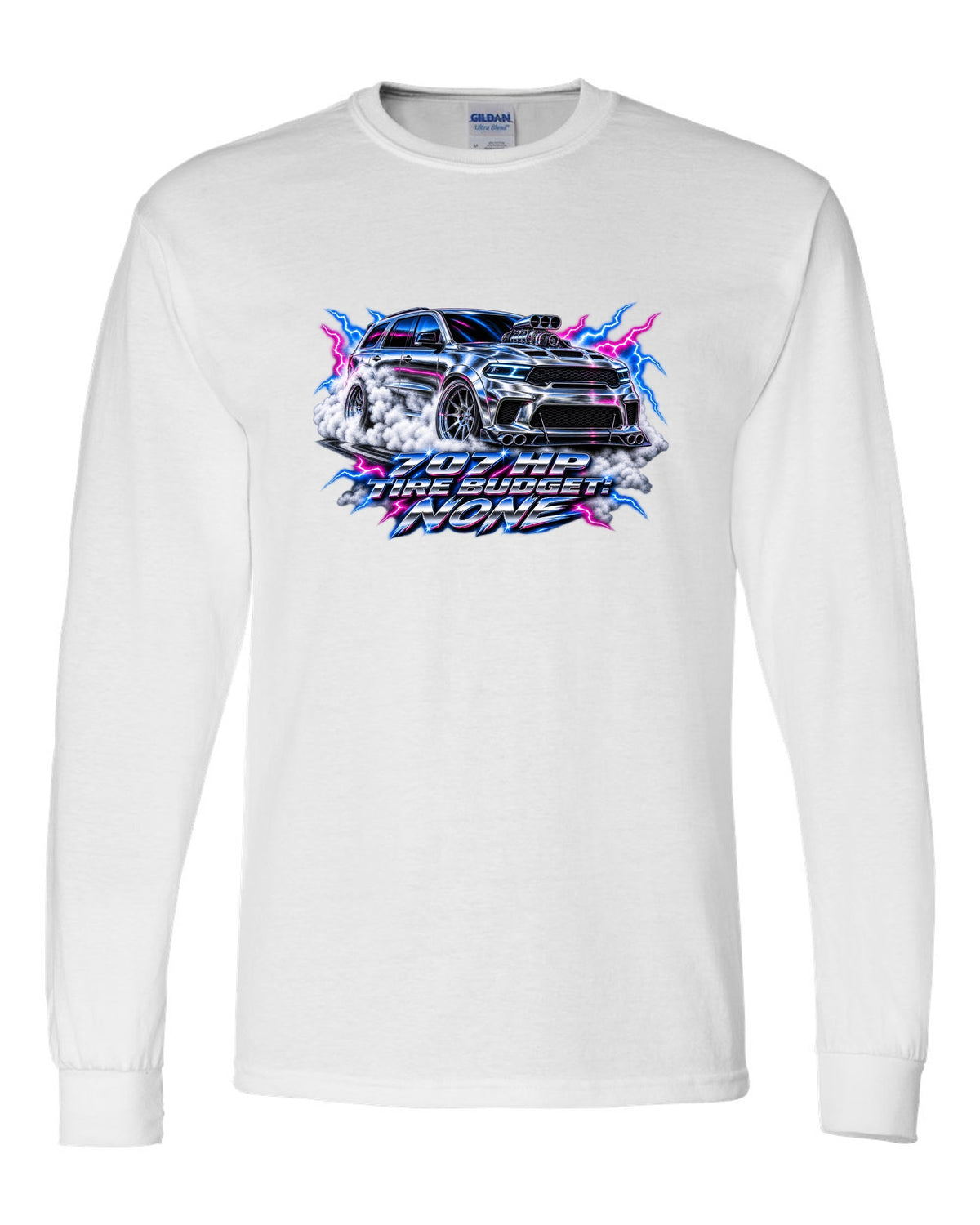 80s airbrush chrome print of a Jeep Grand Cherokee WK2 Trackhawk with 707 HP text white long sleeve front view with the design