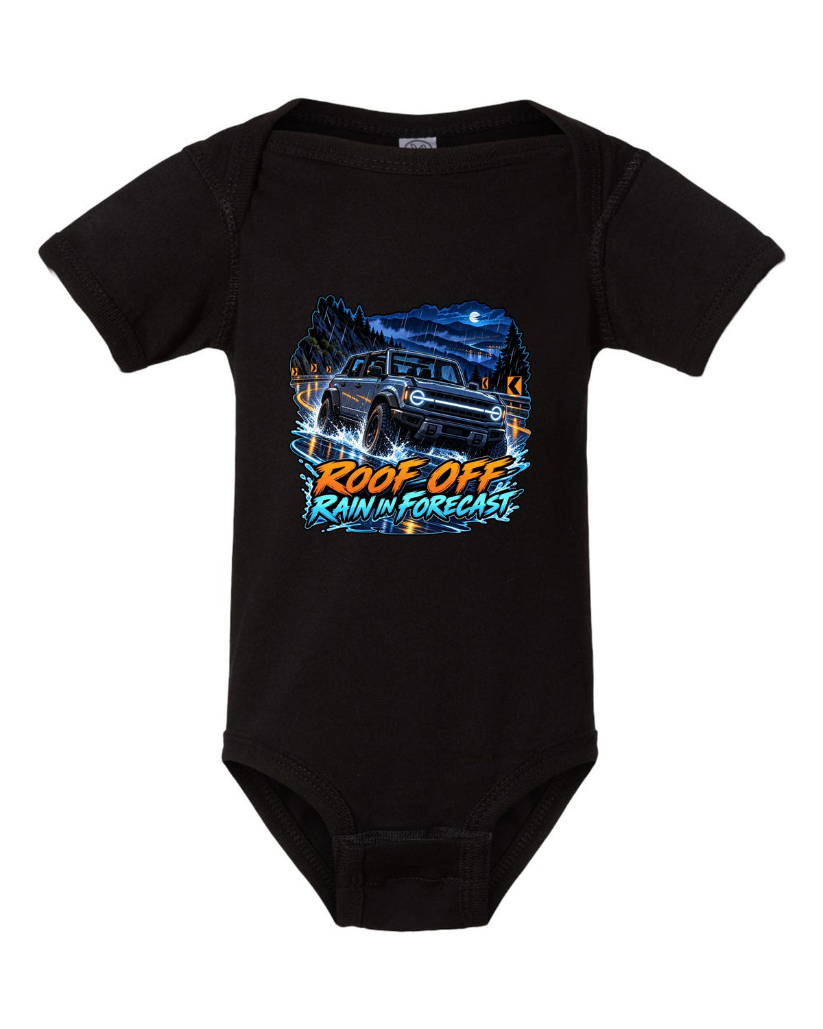 Cel-shaded anime night garage print of a 2021 Ford Bronco 4-door 6G with roof off black baby onesie front view with the design