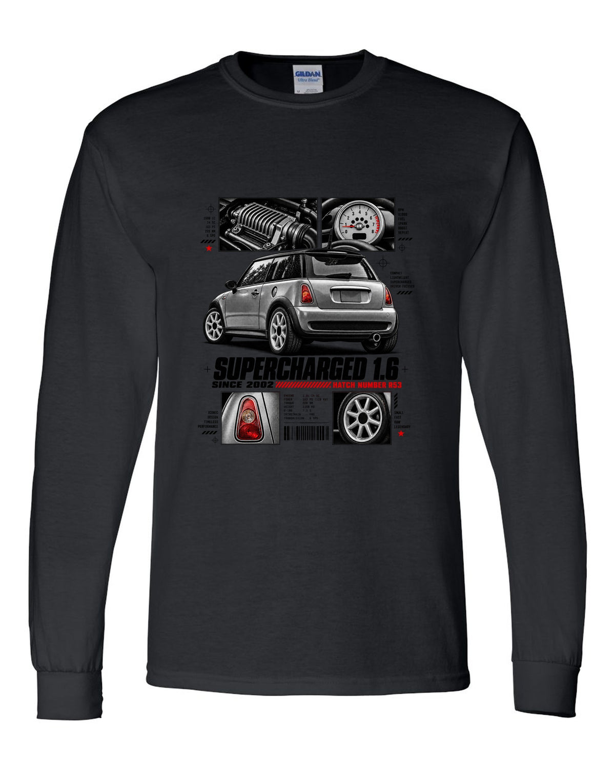 print of a Mini Cooper S R53 rear three-quarter view with detail panels and supercharged 1.6 text black long sleeve front view with the design