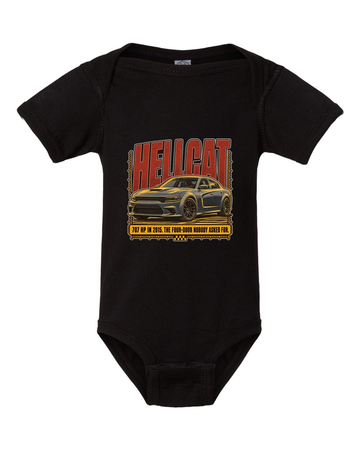 Dodge Charger SRT Hellcat halftone statement print reading 707 HP in 2015 black baby onesie front view with the design