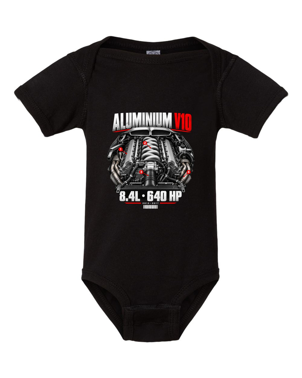 Dodge Viper VX aluminium V10 engine hero print with 8.4L and 640 HP lettering black baby onesie front view with the design