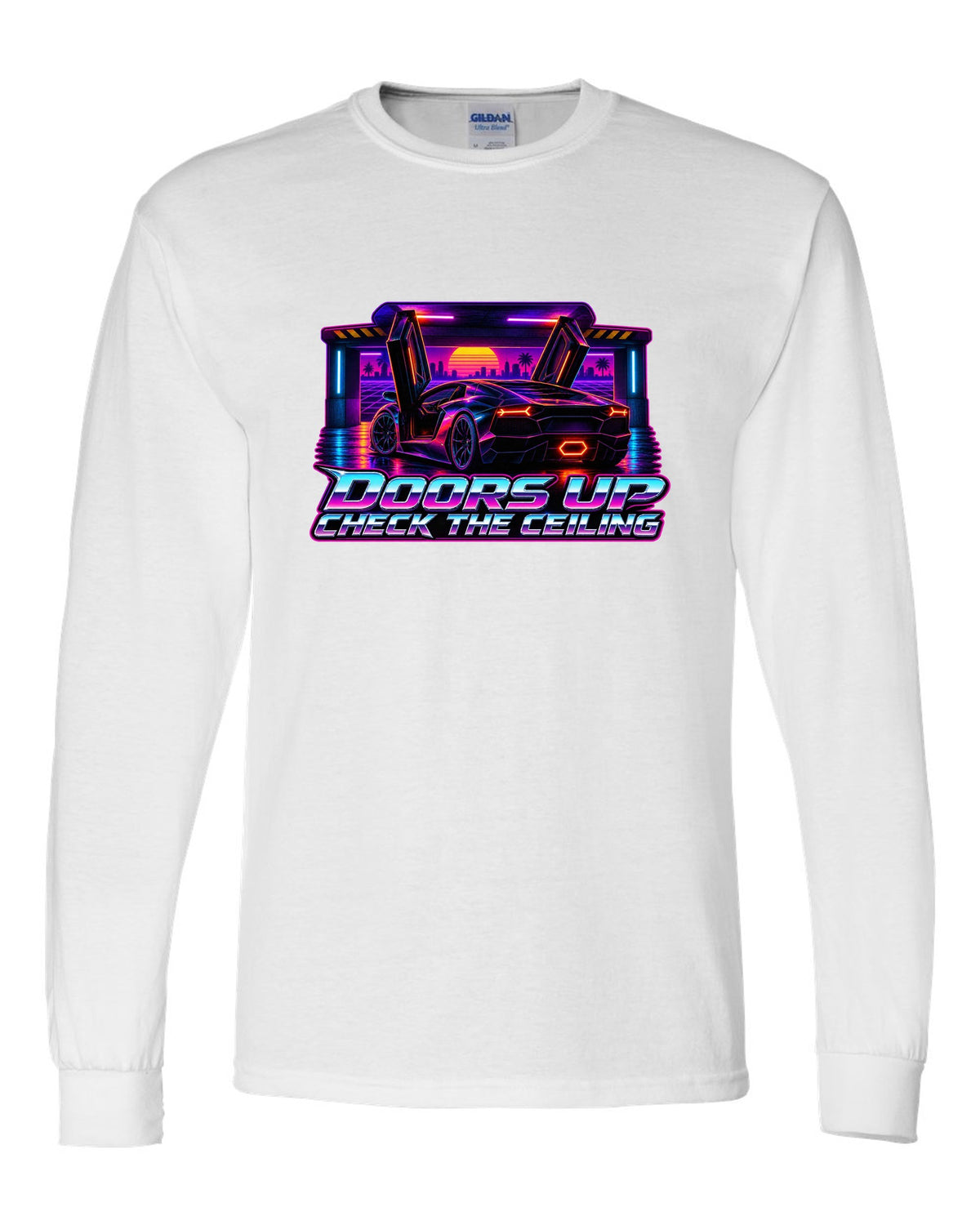 Synthwave outrun design of a Lamborghini Aventador LP700-4 with doors up and check the ceiling text white long sleeve front view with the design
