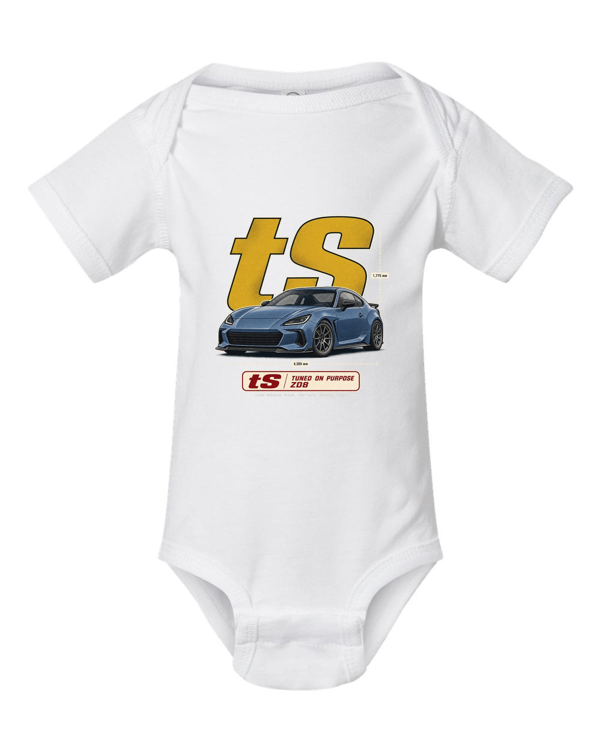 Halftone poster-style print of a Subaru BRZ tS ZD8 with tuning statement lettering white baby onesie front view with the design