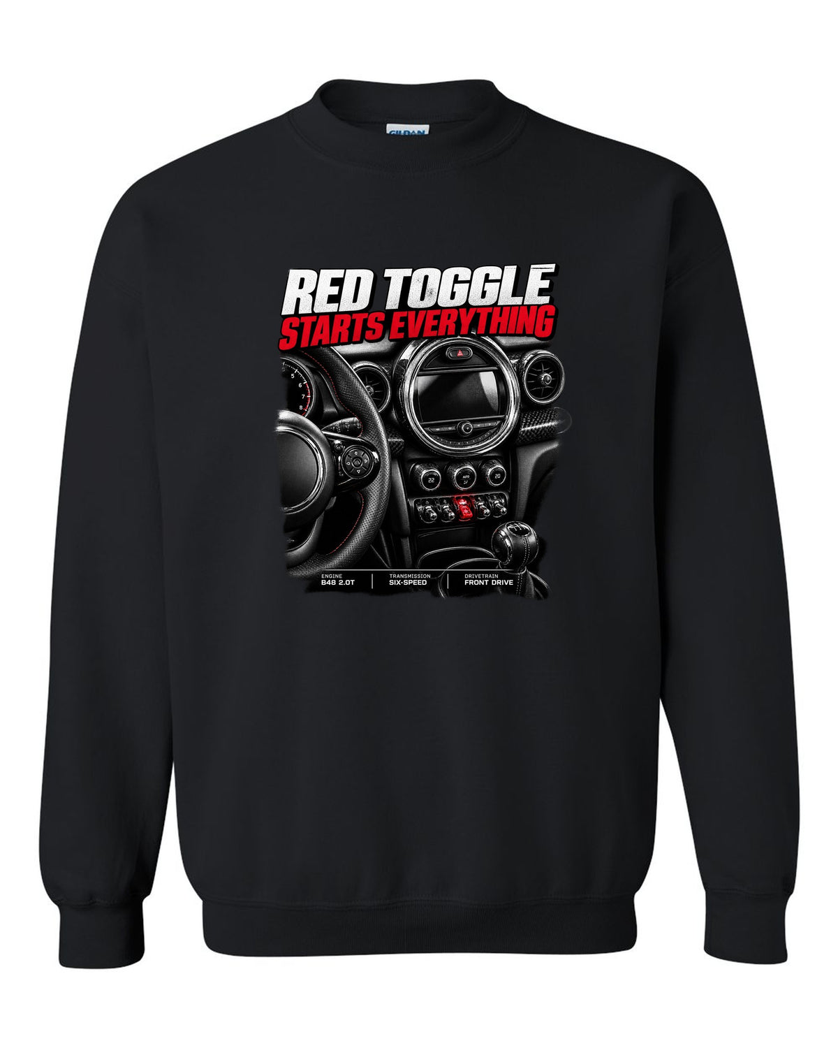 print of the Mini Cooper JCW F56 centre stack with the red toggle switch black crewneck front view with the design