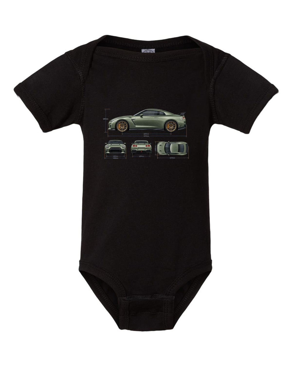 Nissan GT-R R35 rear three-quarter in red halftone showing four round taillights black baby onesie front view with the design