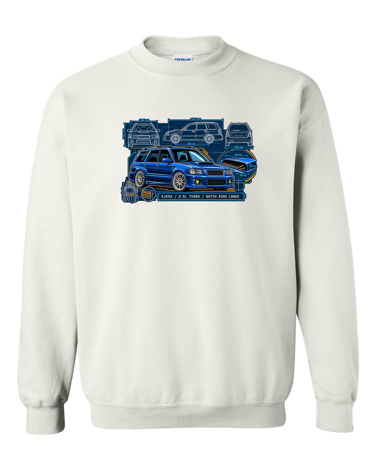 Technical blueprint of a Subaru Forester SG9 with hood scoop and EJ255 2.5L turbo text white crewneck front view with the design