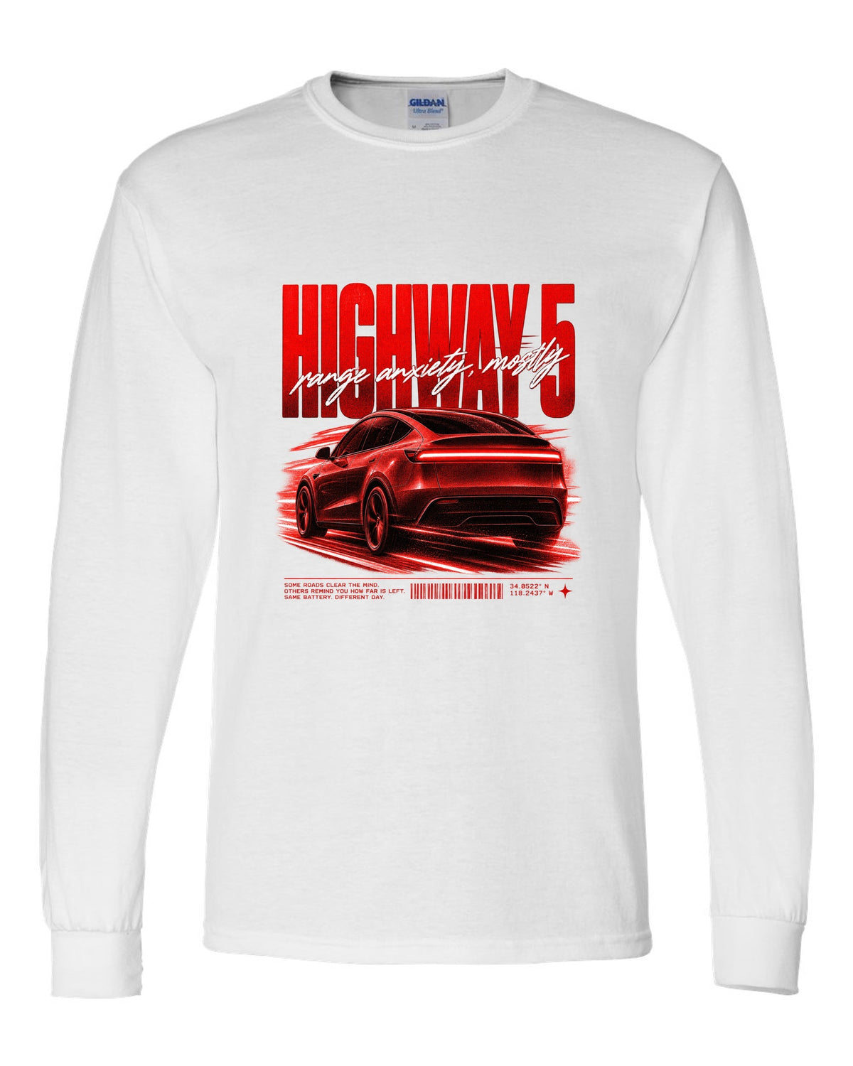 Tesla Model Y Juniper rear three-quarter in motion street poster reading Highway 5 white long sleeve front view with the design