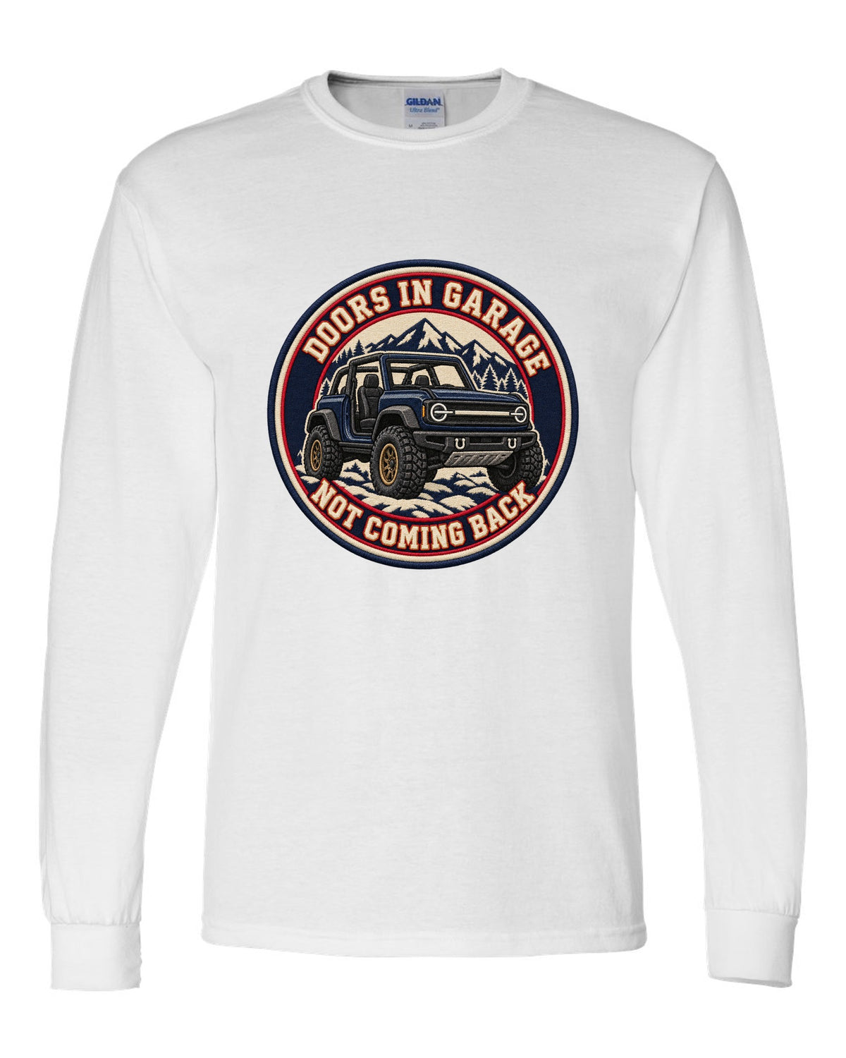 Embroidery-style varsity crest of a 2021 Ford Bronco with doors and roof off at the beach white long sleeve front view with the design