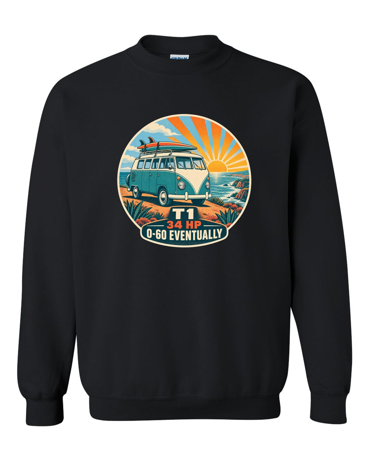 Two-colour silkscreen sunburst print of a 1962 VW Bus T1 split-window with 34 HP lettering black crewneck front view with the design