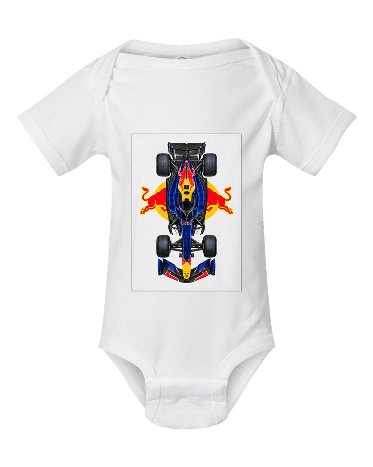 Red Bull RB22 Formula 1 overhead poster artwork white baby onesie front view with the design