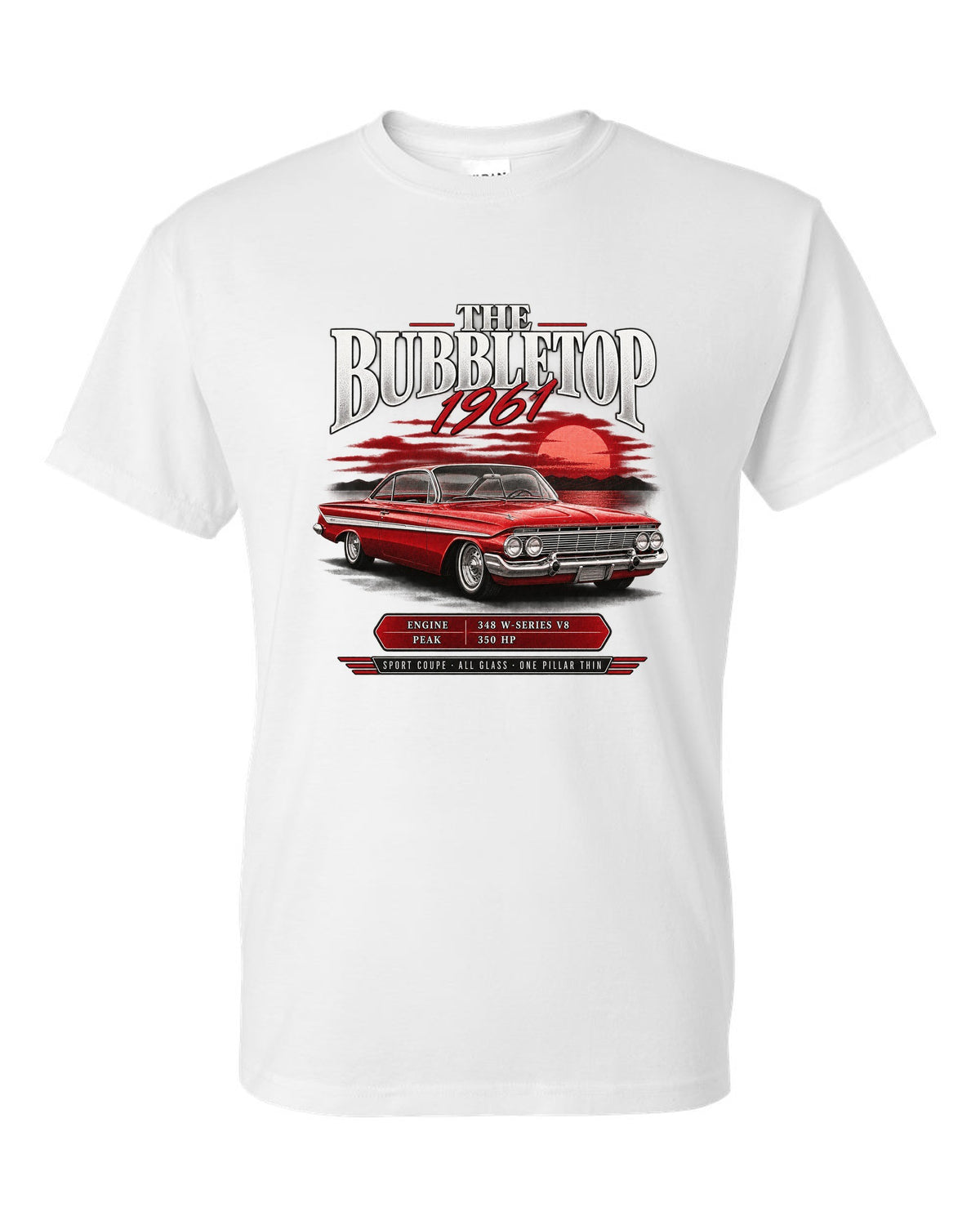 1961 Impala Sport Coupe bubbletop archive panel print with 348 V8 callouts white t-shirt front view with the design