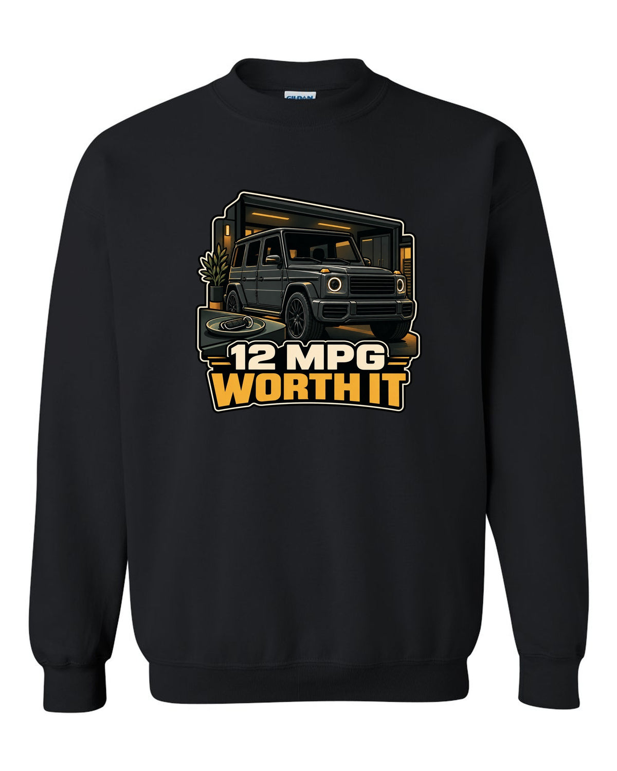 Army surplus stamp graphic reading Gelandewagen 1979 for the Mercedes G-Class W460, print black crewneck front view with the design