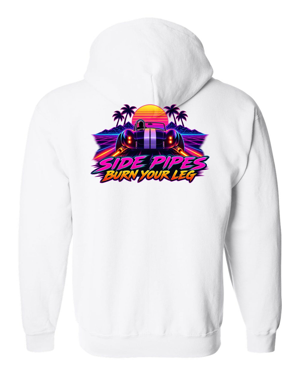 Shelby Cobra 427 Side Pipes Synthwave Outrun white zip hoodie back view with the design