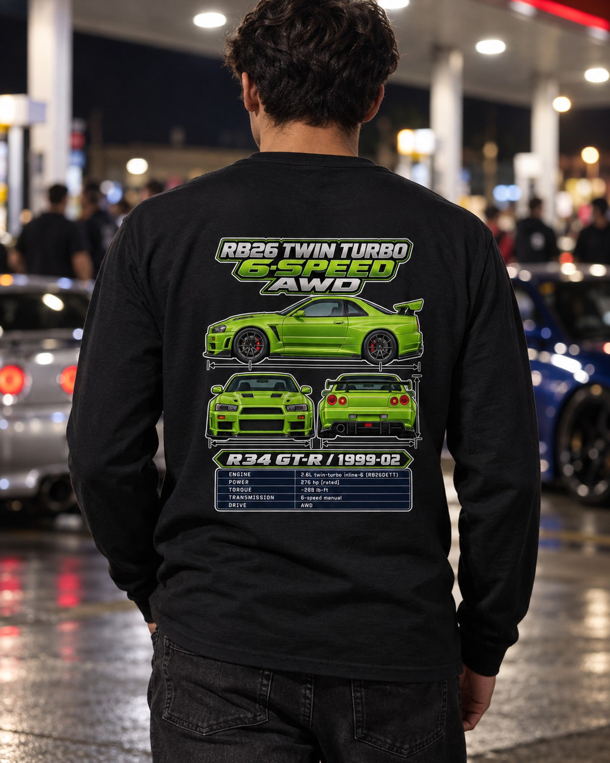 Nissan Skyline GT-R R34 Spec Sheet Full-Back Graphic Tee Long Sleeve Black worn hero