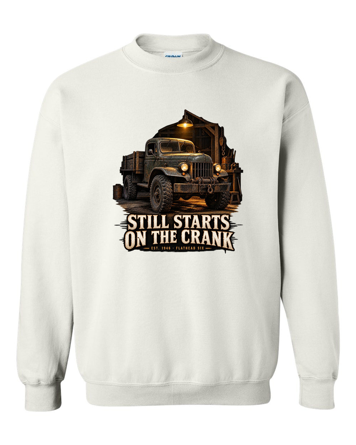 Garage night print of a 1946-1960s Dodge Power Wagon flat fender with starts on the crank text white crewneck front view with the design