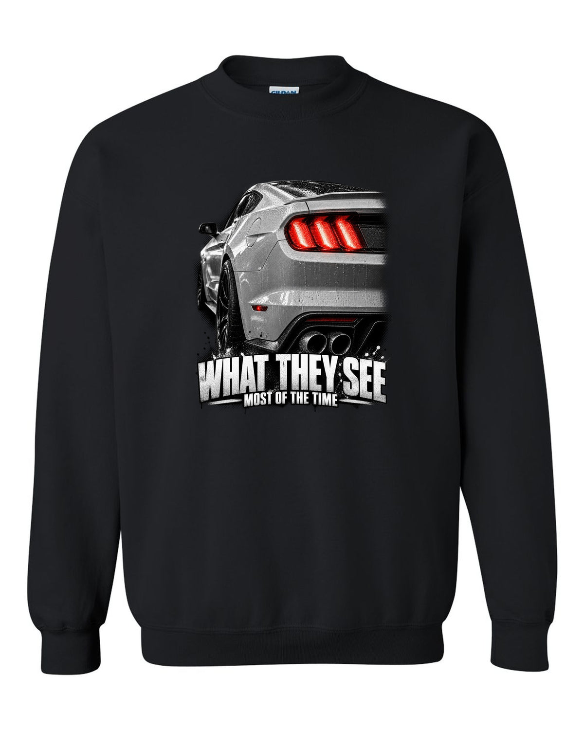 Macro print of a 2015-17 Ford Mustang S550 GT taillight black crewneck front view with the design