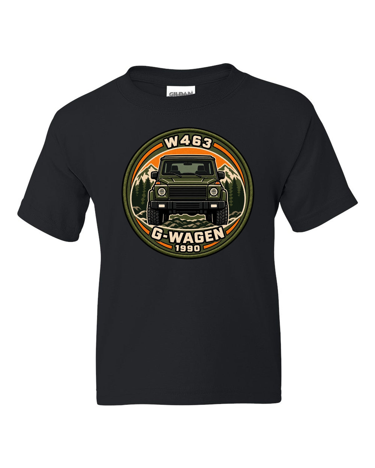 Varsity crest graphic reading W463 G-Wagen 1990 for the Mercedes G-Class, print black kids tee front view with the design