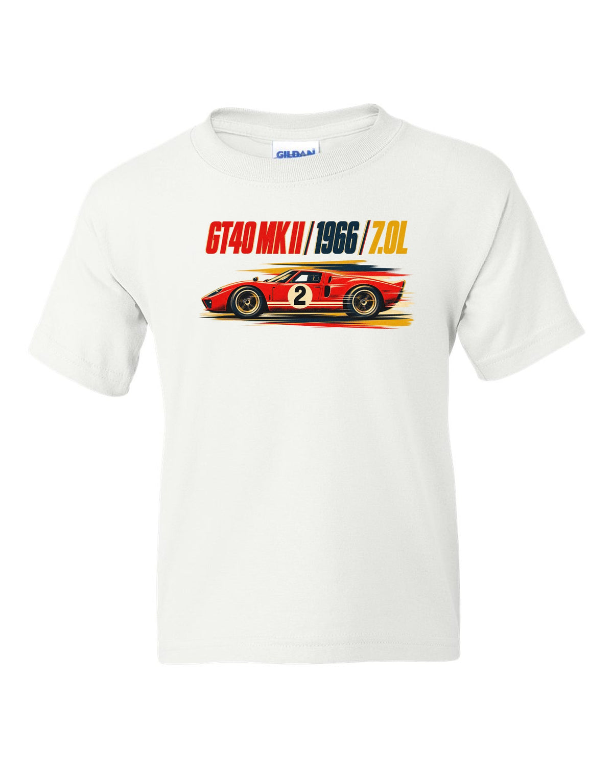 Vintage litho race poster of a 1966 Ford GT40 Mk II with 7.0L lettering white kids tee front view with the design