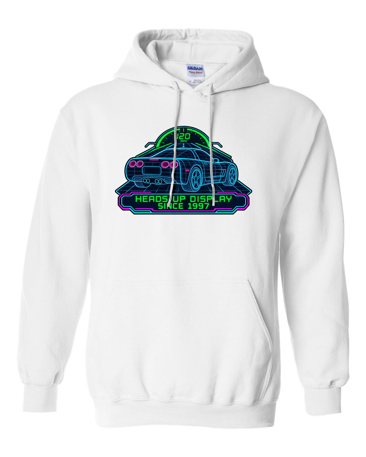 Hand-drawn doodle print of a 2020 Chevrolet Corvette C8 Stingray with heads-up display since 1997 lettering white pull over hoodie front view with the design