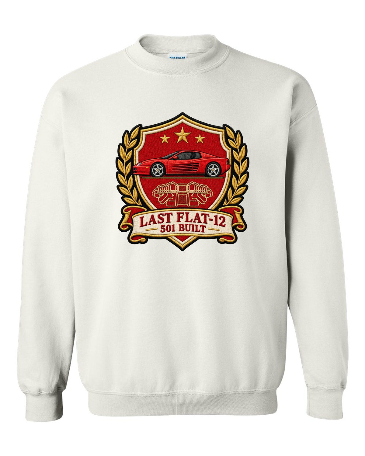 Varsity crest print for the Ferrari F512 M with the text last flat-12, 501 built white crewneck front view with the design
