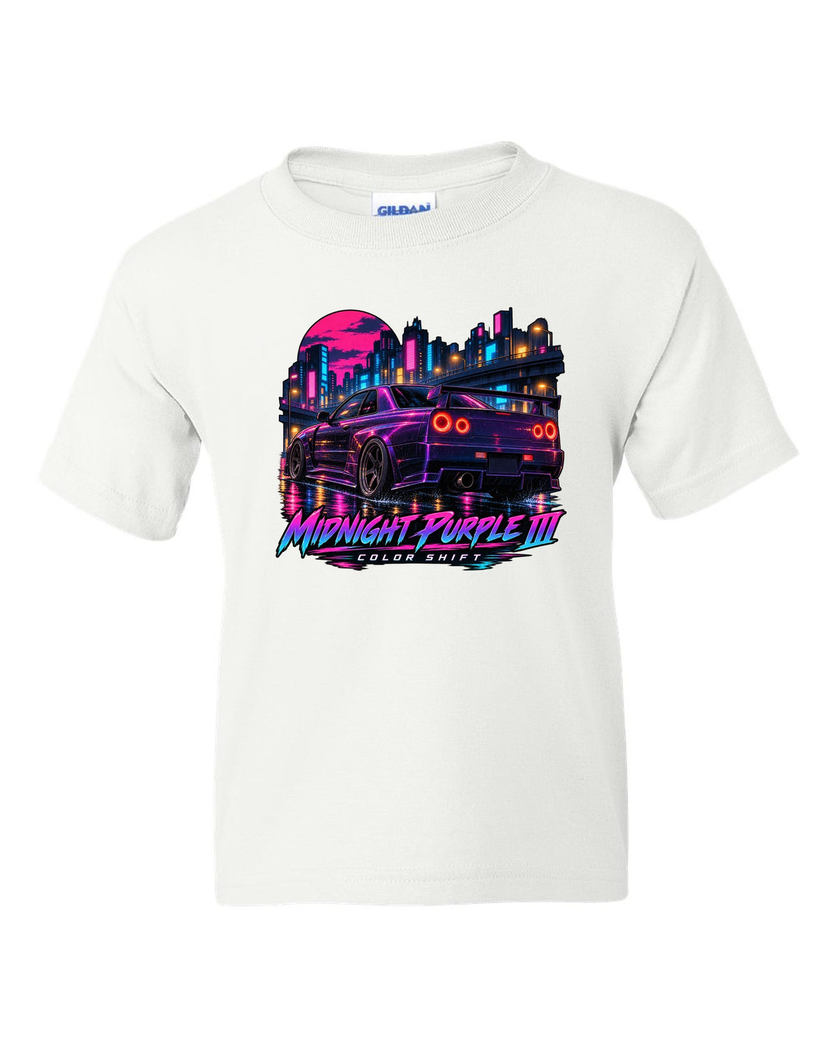 Cel-shaded anime night street print of a Midnight Purple III Nissan Skyline GT-R R34 BNR34 white kids tee front view with the design