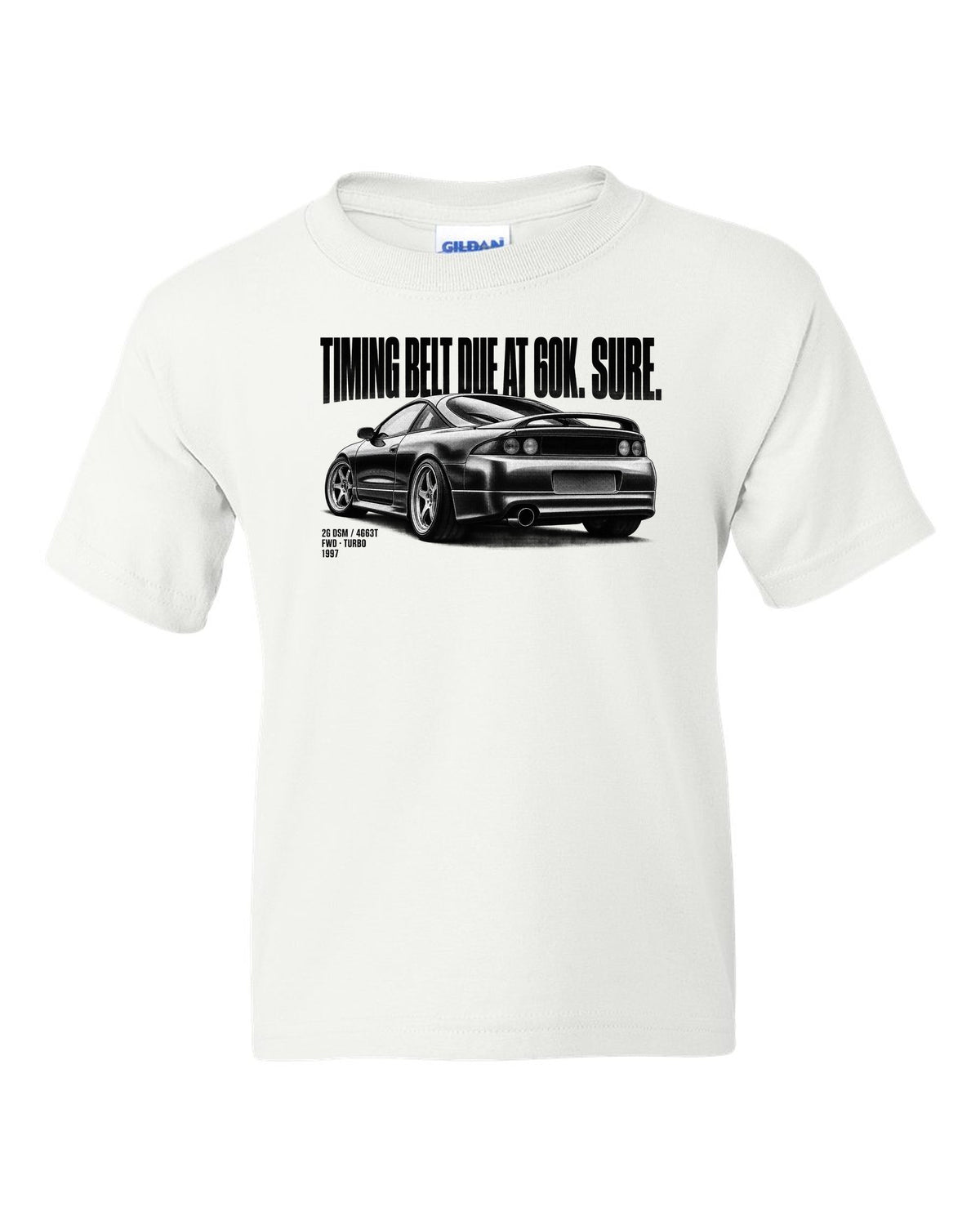 Mitsubishi Eclipse GS-T 2G DSM halftone print with timing belt joke and 4G63T text white kids tee front view with the design