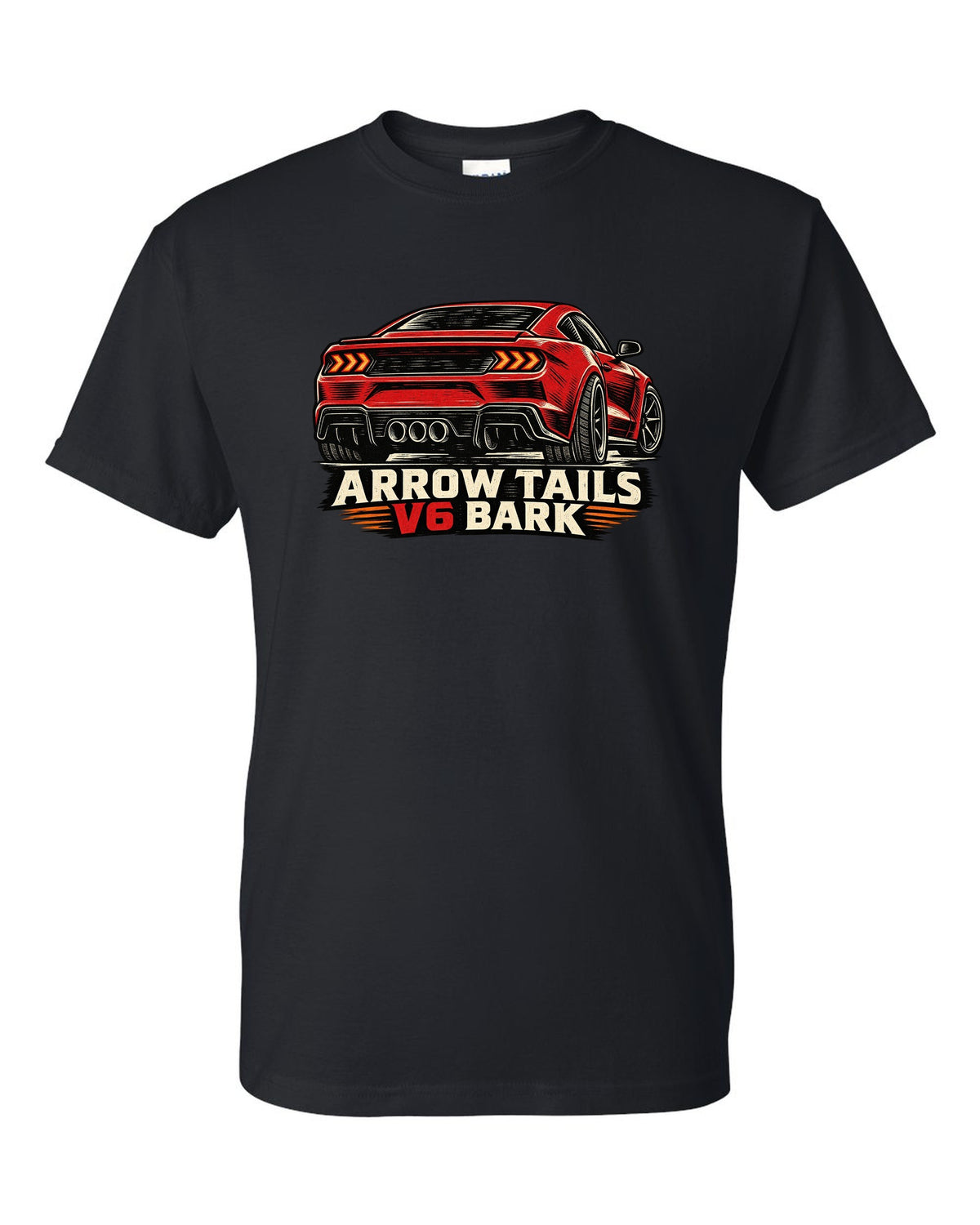 Linocut woodcut print of a Hyundai Genesis Coupe BK2 rear with arrow tails V6 bark text black t-shirt front view with the design