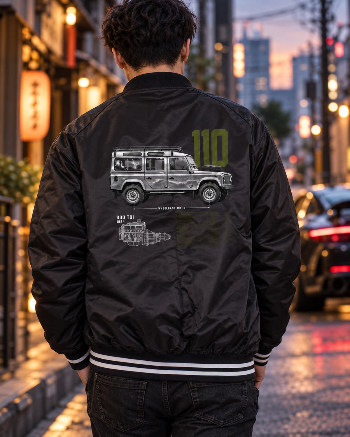 Land Rover Defender 110 300 Tdi 1994 Spec Poster Shirt Bomber Jacket Black worn hero