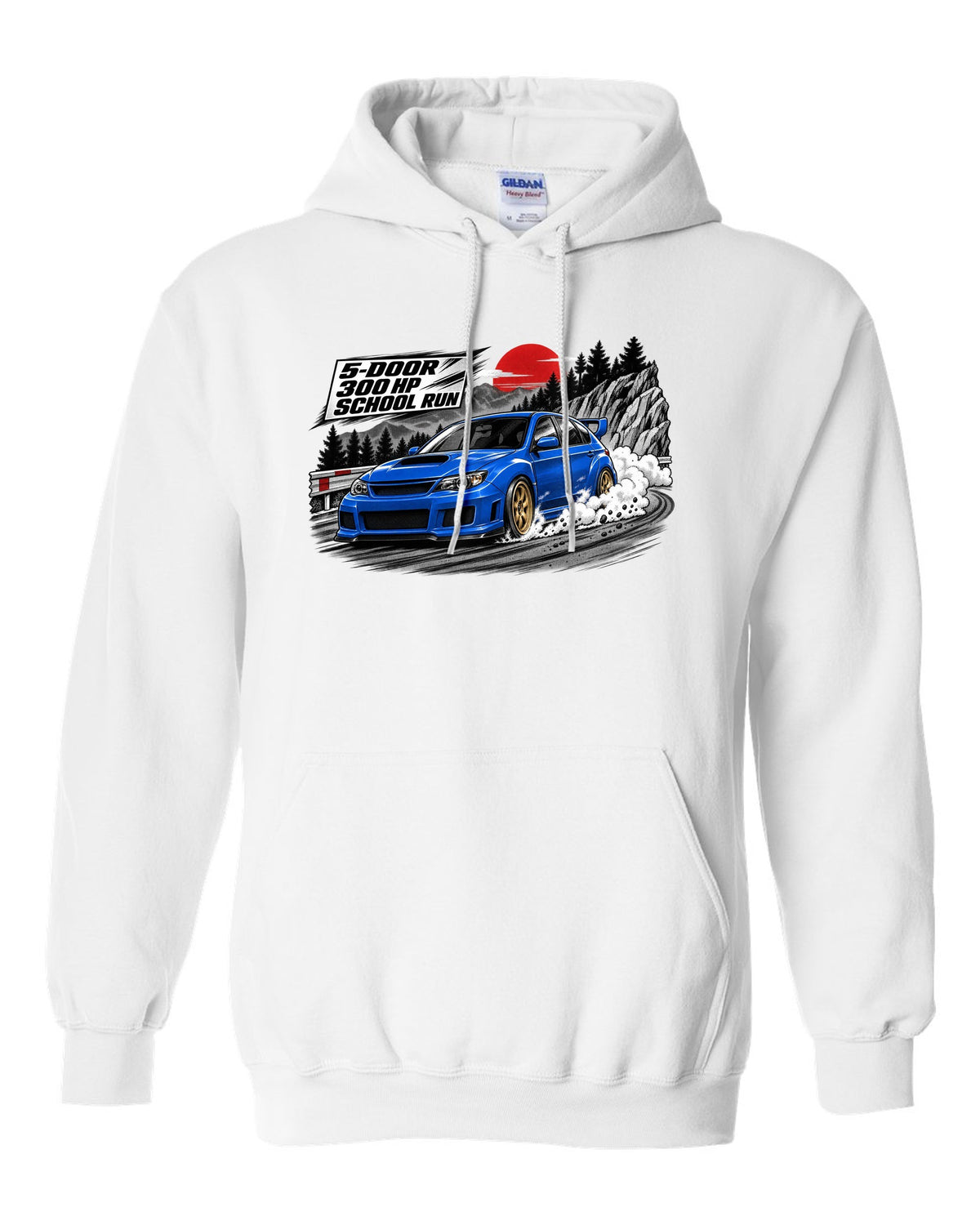 Subaru WRX STI GRB chback in a retro manga halftone panel, 5-DOOR / 300 HP / SCHOOL RUN white pull over hoodie front view with the design