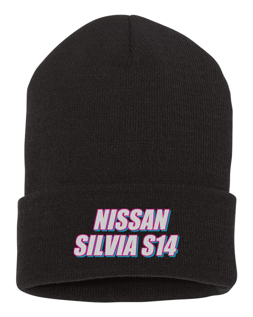 Nissan Silvia S14 black beanie front view with car name