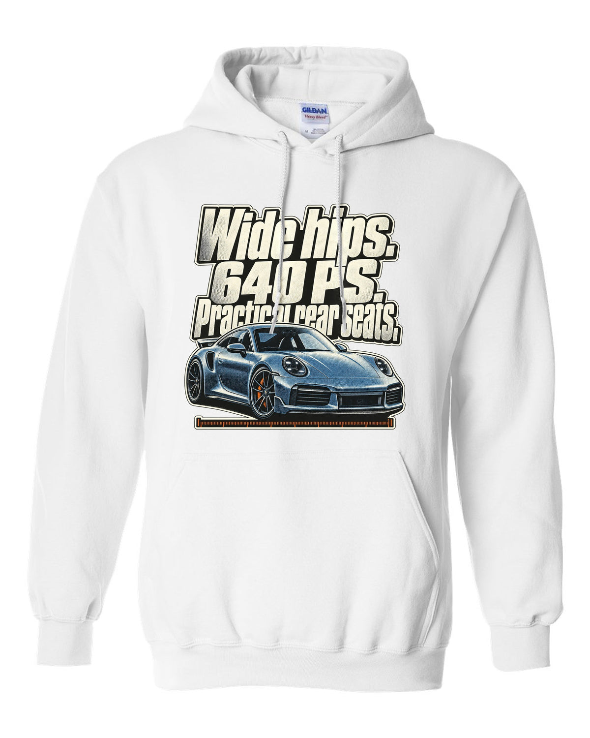 Halftone print of a Porsche 911 Turbo S 992 coupe with a three-line statement white pull over hoodie front view with the design